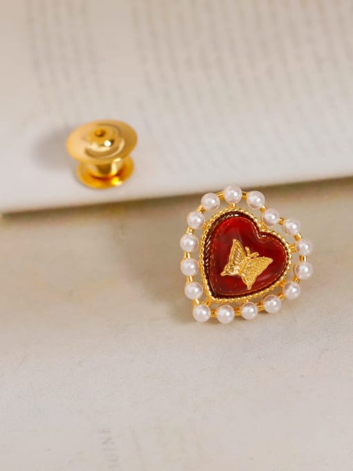 18K gold red [pin brooch] Brass Imitation Pearl Heart Minimalist Brooch